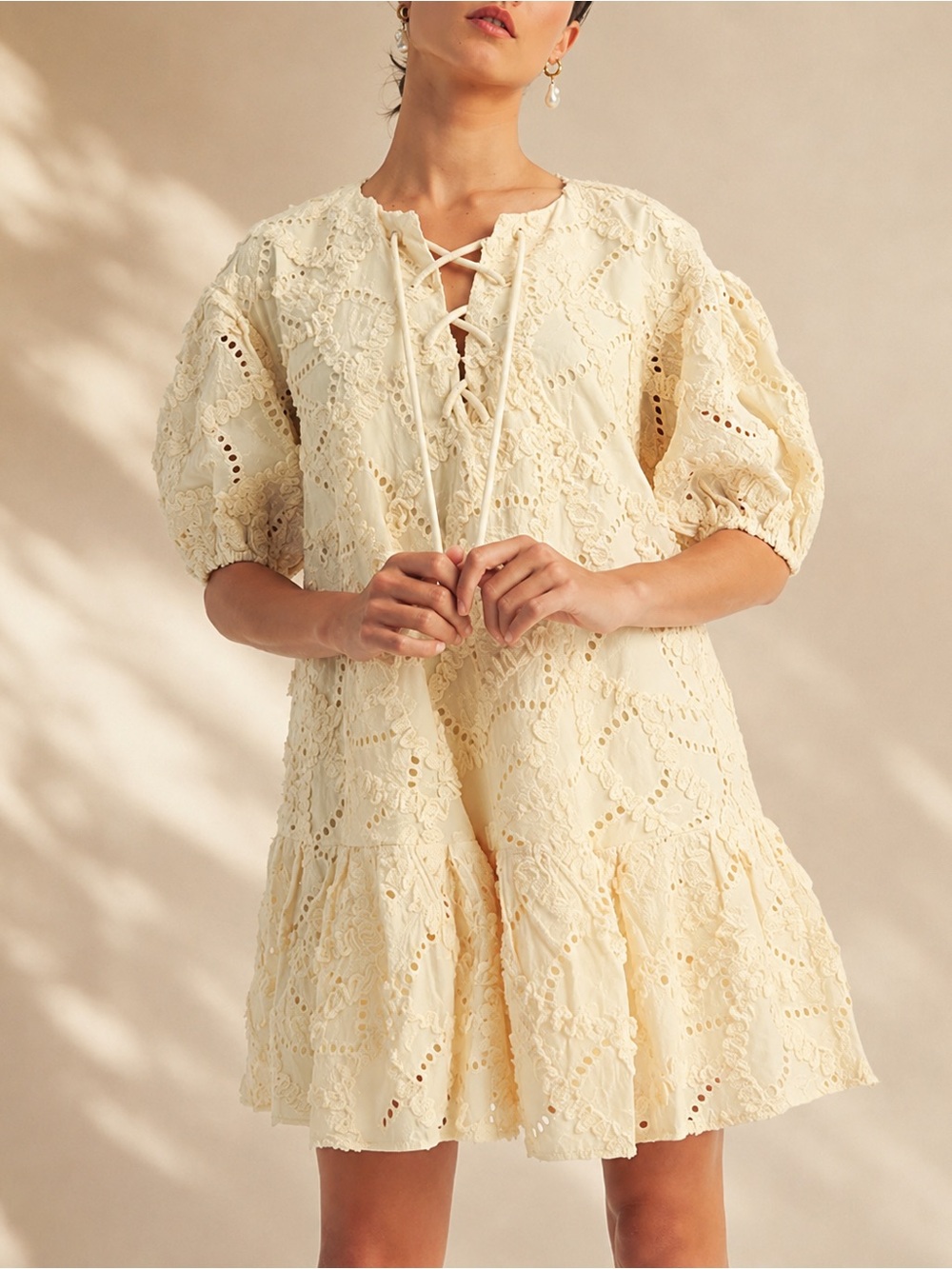 AROSE STUDIO Lace Eyelet Puff-Sleeve Mini Dress in Cream MSRP $198